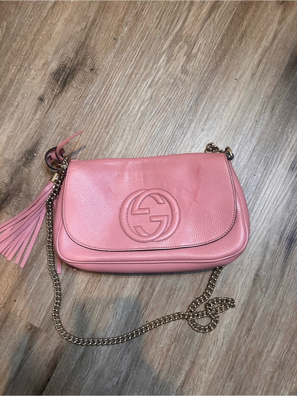 Gucci Pink Leather Shoulder Bag with Tassel and Chain
